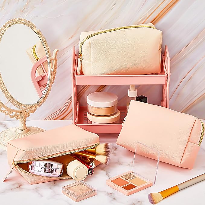 24 Pcs Preppy Makeup Bag PU Leather Cosmetic Bag with Zipper Plain Cosmetic Pouch Waterproof Toiletry Makeup Pouch for Women Bridal Shower Favors Traveling Organizer(Light Pink, Beige) - Image 7