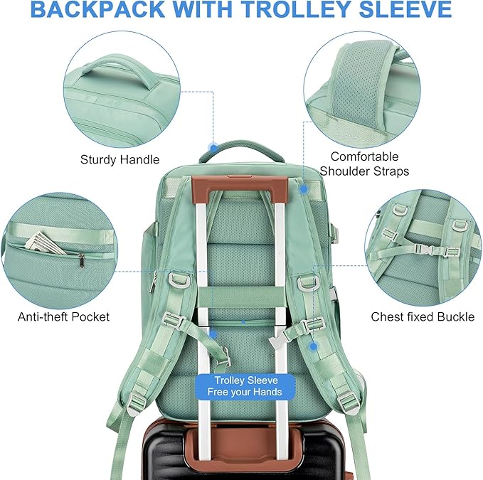 RDTGO Travel Backpack For Women,Personal Item Travel Bag Fits 17" Laptop,Flight Approved Carry-On Backpack, Hiking Backpack,Waterproof Outdoor College Casual Daypack (Green) - Image 6