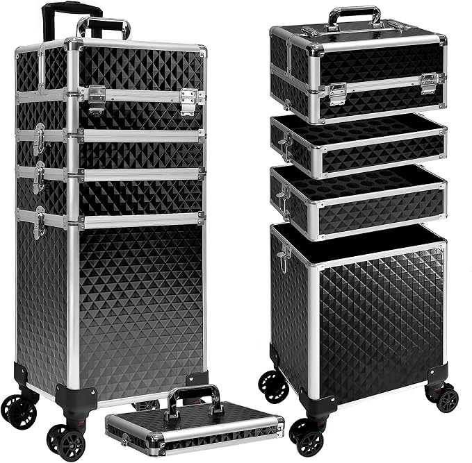 5 in 1 Rolling Makeup Train Case Professional Cosmetic Trolley Large Storage Organizer on Wheels for Hairstylist Artist Nail Beauty Salon Barber Black by Unknown