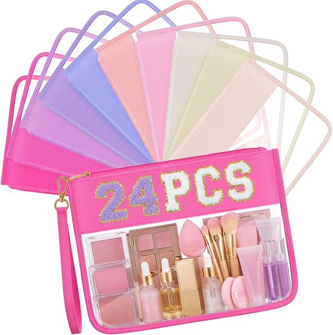 Sweetude 24 Pcs Clear Makeup Bags with Wristlet Pouch DIY Chenille Letter Bag Bulk Waterproof Toiletry Flat Preppy Nylon Clear Zipper Pouches Snack Organizer for Women (Pink Purple) by Sweetude