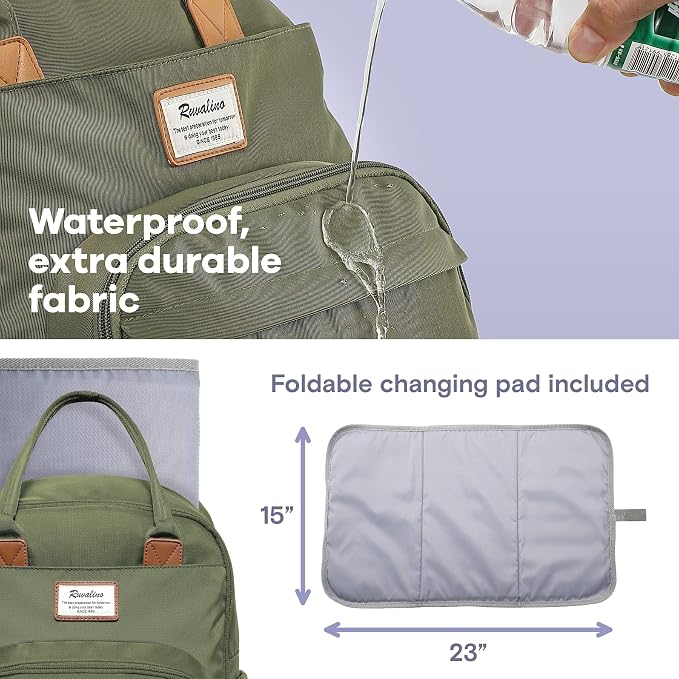 RUVALINO Diaper Bag Backpack-Expandable Baby Bag with up to 50% Capacity -Baby Essentials Bag with Changing Pad Insulated Bottle Holders & Pacifier Case, Waterproof, Army Green XL - Image 7