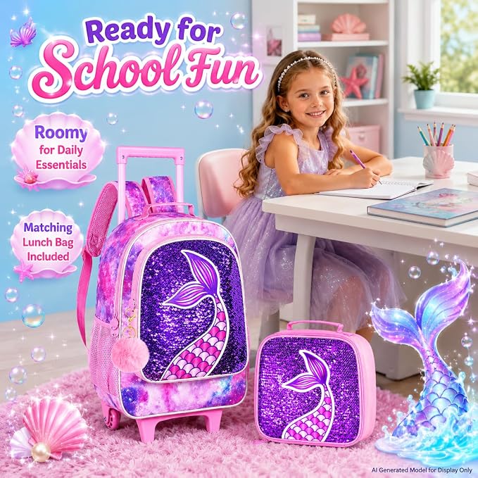 AGSDON 3PCS Rolling Backpack for Girls Boys, Kids Roller Wheels Bookbag, Wheeled School Bag with Lunch Bag - Image 9
