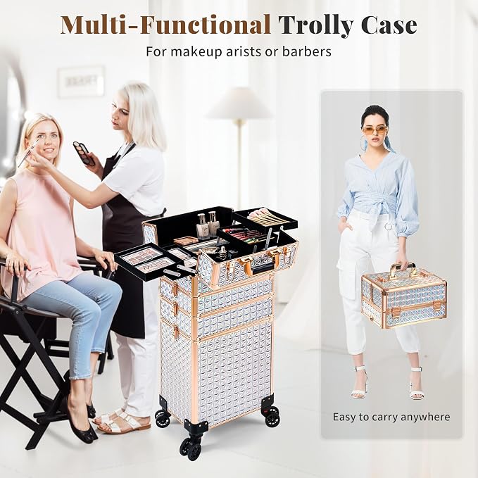 AROUS 5 in 1 Rolling Makeup Train Case with Lid Cosmetology Case on Wheels | Large Cosmetic Trolley Organizer with Keys Salon Barber Case Traveling Cart Trunk for Artist Hairstylists Nail Tech,White - Image 5
