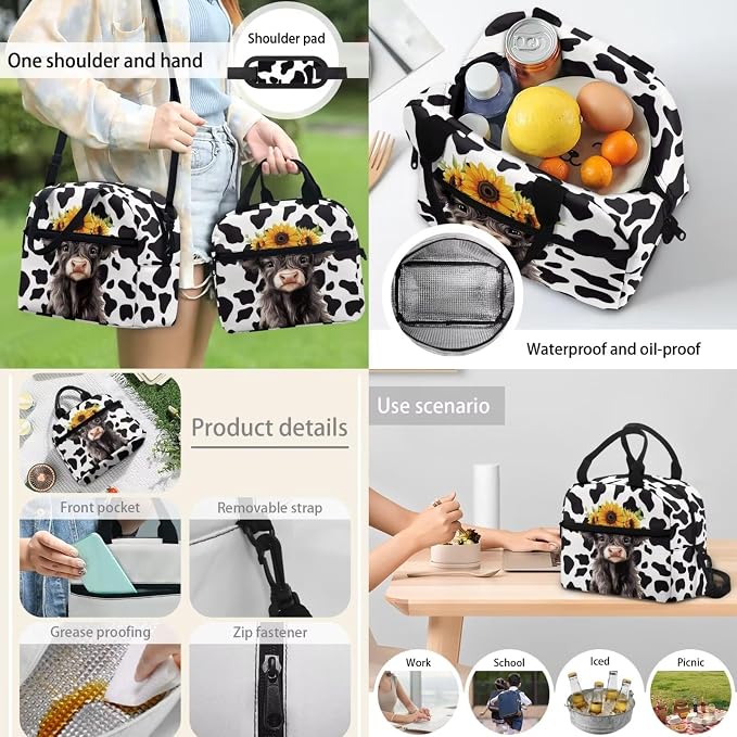 4PCS Black Highland Cattle Sunflower Cow Print School Backpack Set Travel Bookbags Purses Lunch Box Stationery Pouch Bag Holder Protective Water Bottle Cup Cover for Back to School - Image 6