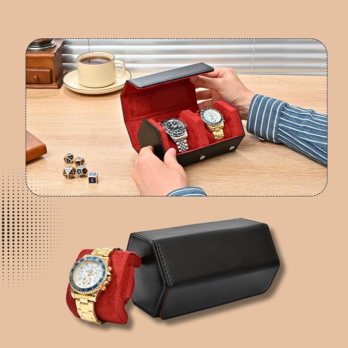 Luxury Hexagonal Leather Travel Watch Roll for 2 Watches, Black Red | Multiple Watch Capacity,Premium Hexagon Leather,Velvet M-Shaped Cushions,Secure Snap Closure,Storage Organizer - Image 3