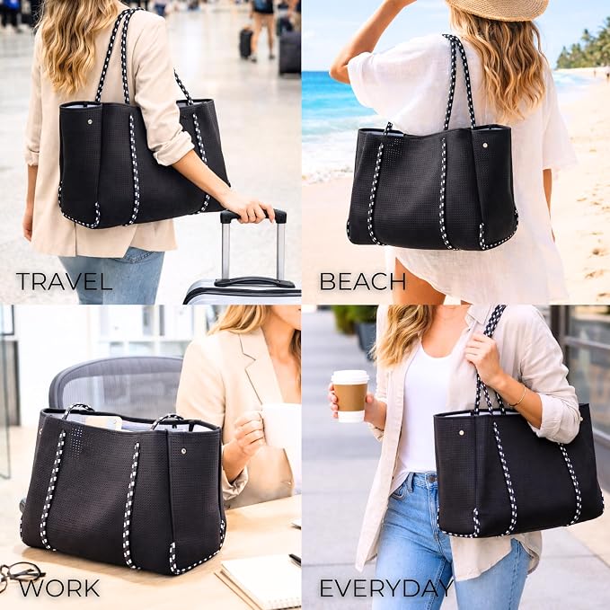 POPUPS Large Neoprene Tote Bag for Women - Everyday Designer Handbag for Travel Work and Beach with Pockets and Zipper Pouch - Image 2
