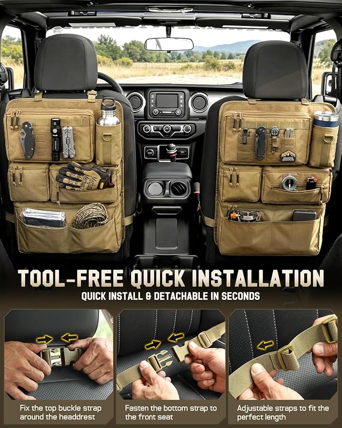 All in One Car Seat Back Organizer Fit Most Cars SUV Trucks Jeeps | Heavy Duty Molle Panel Seat Back Protector with Multi-Pockets Storage, for Tools, Toys, Camping, Travel, Daily Commuting - Image 5
