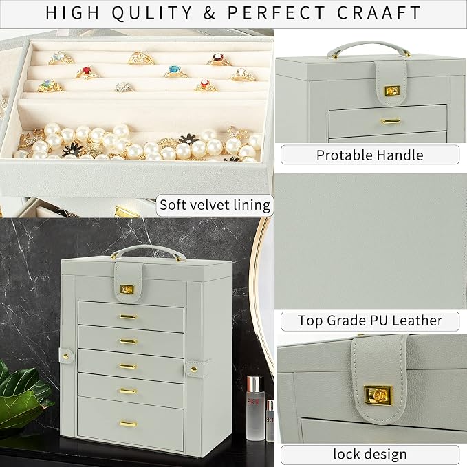 AKOZLIN 6-Tier Jewelry Box Organizer Functional 5 Drawers Leather Jewelry Storage Case for Women Girls Ring Necklace Earring Bracelet Holder Organizer with Mirror Grey Large - Image 7