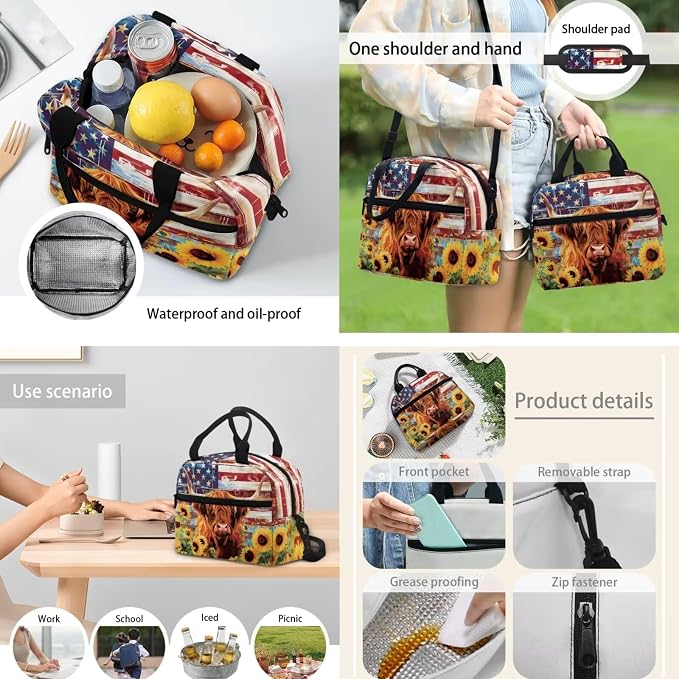 POLERO Kids School Backpack Set American Flag Sunflower Highland Cow Print Bookbags with Lunch Box for Middle Elementary School - Image 5