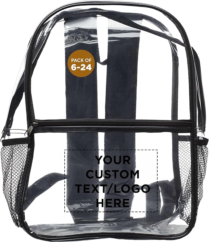 DISCOUNT PROMOS Custom Clear PVC Plastic Backpacks Set of 6/12/24, Personalized Bulk Pack - Water Resistant, Perfect for Travel, Outdoor - Clear Black by DISCOUNTPROMOS