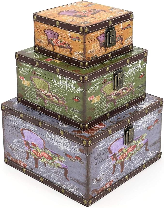 Jolitac Wood Storage Box Set of 3, Vintage Decorative Nesting Boxes Wooden Treasure Storage Crates With Latch, Home Decor Rustic Antique Boxes With Lid for Photos, Jewelry, Cash (Chair) by Jolitac