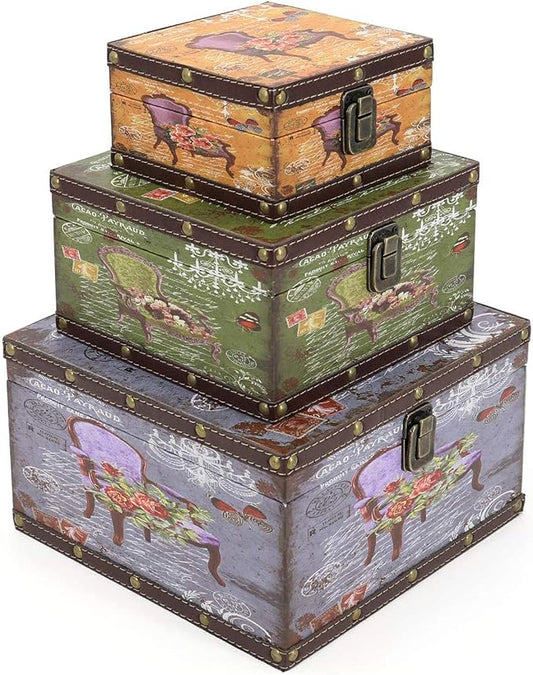 Jolitac Wood Storage Box Set of 3, Vintage Decorative Nesting Boxes Wooden Treasure Storage Crates With Latch, Home Decor Rustic Antique Boxes With Lid for Photos, Jewelry, Cash (Chair) by Jolitac