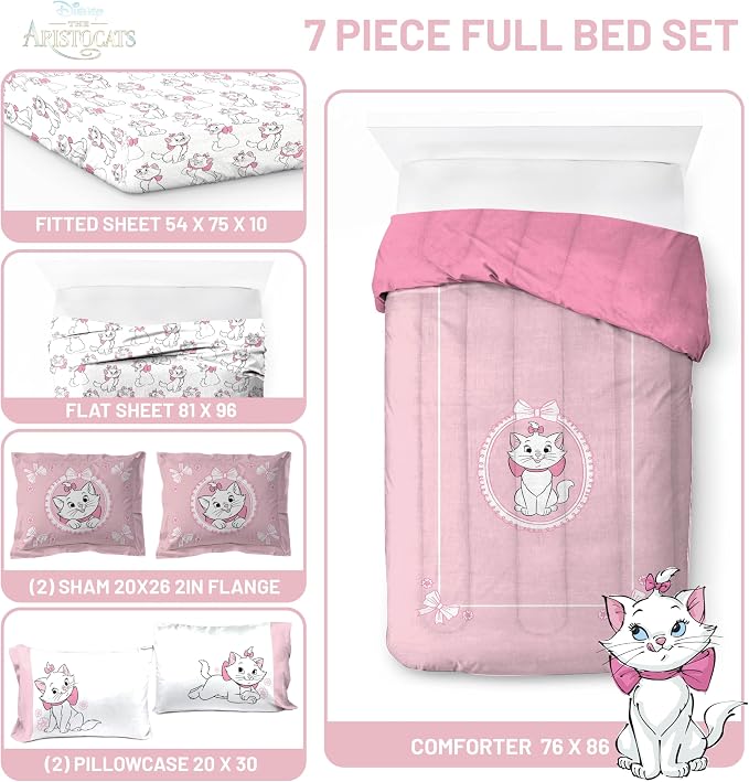 Disney Aristocats Marie Full Comforter Set 7 Piece Kids Bedding, Pink | Bed in a Bag, Comforter Sheets Shams Pillowcases, Official Brand, Soft Microfiber, Machine Washable, Girls Gift - Image 3