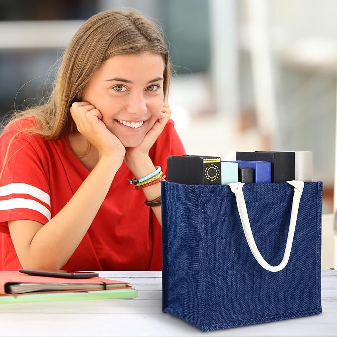 Saintrygo 12 Pcs Burlap Jute Tote Bags with Handle Reusable Blank Bridesmaid Gift Bags for Shopping Wedding DIY, 12x12x7.7In (Navy Blue) - Image 6