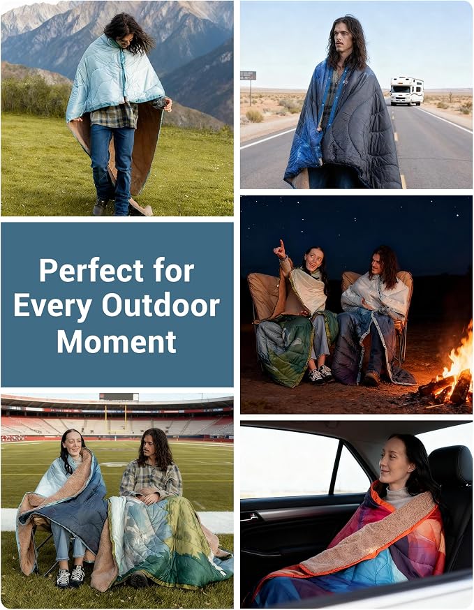 KingCamp Large Camping Blanket with Sherpa Lining, Packable Down Alternative Puffy Printed Wearable Blanket with Snap Buttons, Warm Weatherproof Quilt for Outdoor Travel (79" L x 57" W, Cyan) - Image 7
