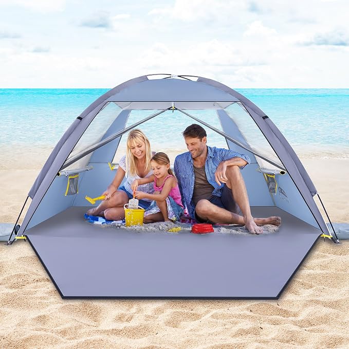Happy Travel Beach Tent Sun Shelter for 3/4/5/6/7/8 Person, Portable UPF 50+ UV Protection Beach Shade Canopy for Family & Baby, Lightweight & Easy Setup Beach Cabana with 3 Ventilation Mesh Windows by HappyTravel
