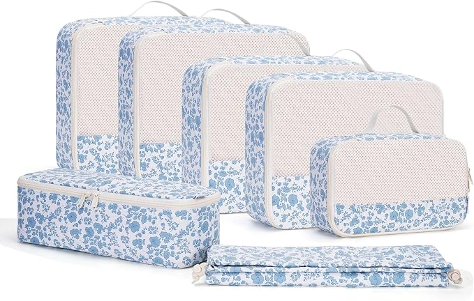 Narwey 7 Set Floral Packing Cubes for Travel Carry on Suitcase Luggage Organizer Bags for Kids Women Men, Durable Packing Organizers Bag, Travel Essentials Accessories (Blue Flower) - Image 2