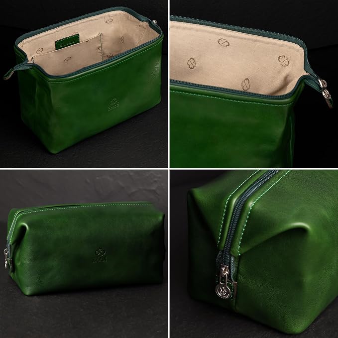 Time Resistance Leather Toiletry Bag - Italian Cosmetic Case Dopp Kit (Green) - Image 5