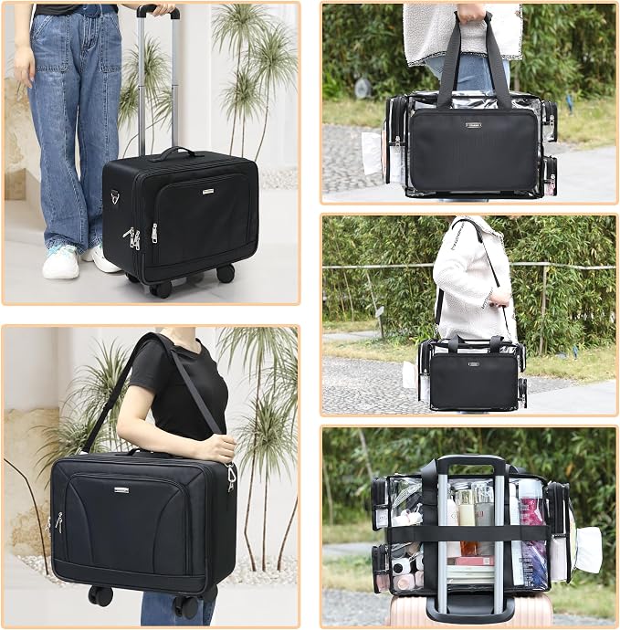 MONSTINA Rolling Makeup Train Caseon Wheels, Clear Makeup Bag Extra Large Makeup Artist Kit Set Cosmetology Case Professional Cosmetics Hairstylist Cosmetic Bag with 4 Bags (Black+Clear Makeup bag) - Image 4