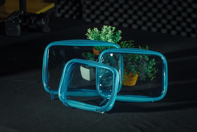 Filmsticks Set of 3 Transparent TPU Storage Cases, Blue, Small Medium Large, 170 x 50 x 135 mm to 250 x 50 x 160 mm, Clear Zip Organisers for Camera Gear, Cables, Tools and Accessories - Image 7
