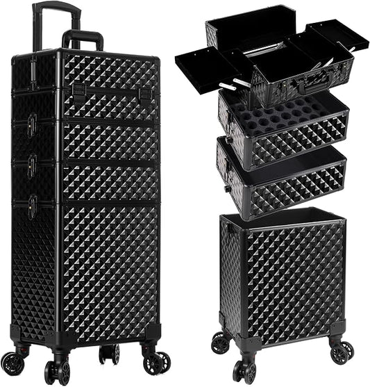 AROUS Rolling Makeup Train Case 4 in 1 Cosmetology Case on Wheels Large Storage Cosmetic Trolley with Key Salon Barber Case Traveling Cart Trunk, Black by Unknown