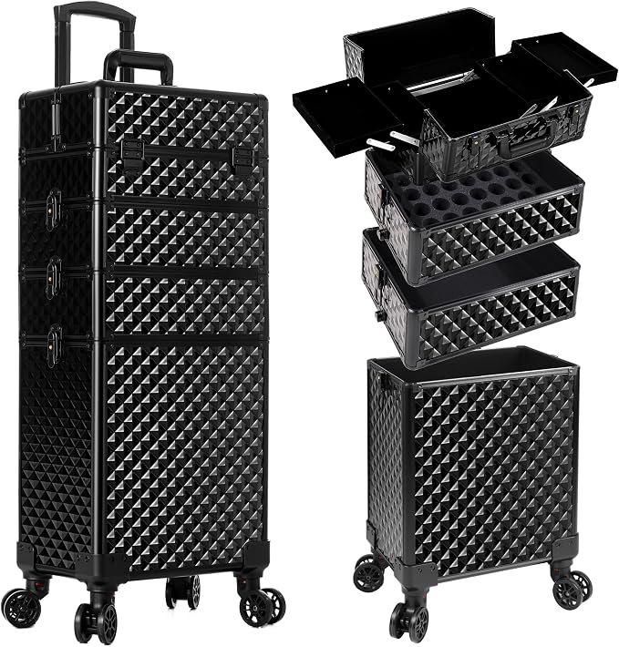AROUS Rolling Makeup Train Case 4 in 1 Cosmetology Case on Wheels Large Storage Cosmetic Trolley with Key Salon Barber Case Traveling Cart Trunk, Black by Unknown