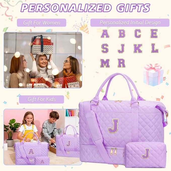 Teen Girls Trendy Stuff Initial Travel Duffle Bag Quilted Weekender Bags Carry-On Overnight with Cosmetic Bag, Gym Bag with Shoe Compartment Hospital Bag for Women Labor Delivery, Purple-J - Image 3
