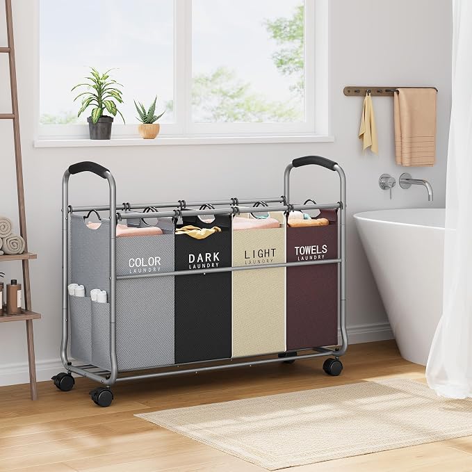 Tajsoon Laundry Sorter 4 Sections, Laundry Separator Hamper with Heavy Duty Lockable Rolling Wheels, Laundry Divider with Removable Bags for Dirty Clothes Storage, 4 Colors - Image 6