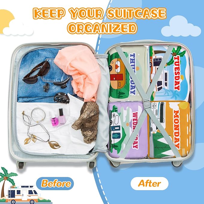 Paterr 7 Pcs Packing Cubes for Travel Kids Days of Week Compression Packing Cubes Colorful Luggage Organizers Suitcase Camp (Car) - Image 6