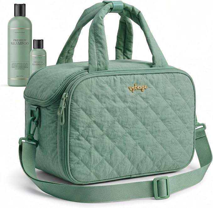 VPBAGE Large Quilted Toiletry Bag for Women, Puffy Travel Makeup Organizer with Removable Divider & Shoulder Strap, Waterproof Standing Cosmetic Case for Full-Size Toiletries, Gym, Vacation by VpbageGear
