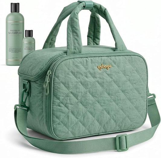 VPBAGE Large Quilted Toiletry Bag for Women, Puffy Travel Makeup Organizer with Removable Divider & Shoulder Strap, Waterproof Standing Cosmetic Case for Full-Size Toiletries, Gym, Vacation by VpbageGear