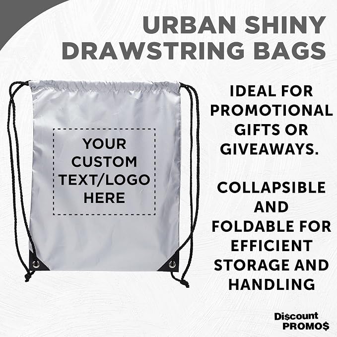 DISCOUNT PROMOS Custom Urban Shiny Drawstring Bags Set of 10/50/100, Personalized Bulk Pack - Bring Everywhere You Go, Perfect for Employees, For Everyday Use - Silver - Image 3