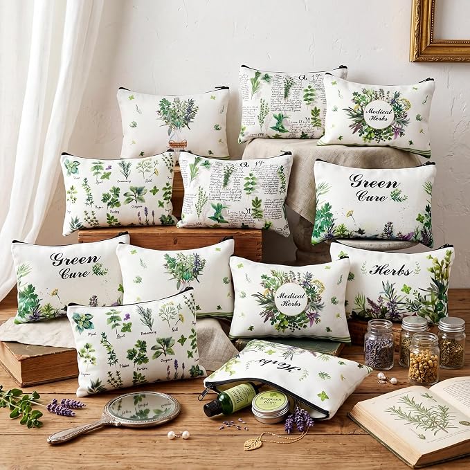 Sweetude 12 Pcs Green Plant Makeup Bag Bulk Vanilla Portable Travel Cosmetic Bags with Zipper Plant Grass Waterproof Roomy Travel Toiletry Organizer Storage Beauty Pouch for Women Plants Lover Gifts - Image 2