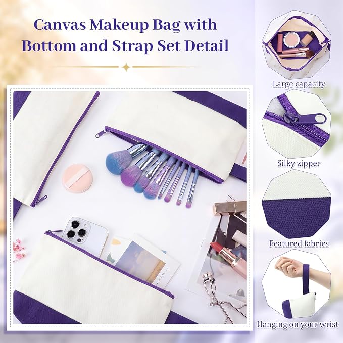 Silkfly 15 Pcs Cotton Canvas Makeup Bags Cosmetic Zipper Bags 10.2 x 5.5 x 2'' Blank DIY Pouch Bulk Pencil Case with Bottom Travel Toiletry Pouch for Women Craft Decor Gift (Beige and Purple) - Image 3