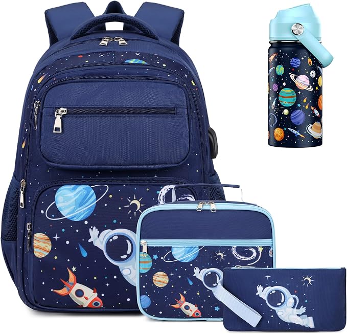 Bevalsa Kids Backpack for Boys with 14oz Insulated Bottle, School Bags for Kids & BPA-FREE Stainless Steel Metal Bottle with Straw Lid for Elementary Middle School Student (Space) by Bevalsa