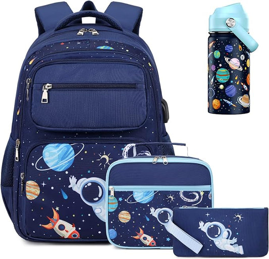 Bevalsa Kids Backpack for Boys with 14oz Insulated Bottle, School Bags for Kids & BPA-FREE Stainless Steel Metal Bottle with Straw Lid for Elementary Middle School Student (Space) by Bevalsa