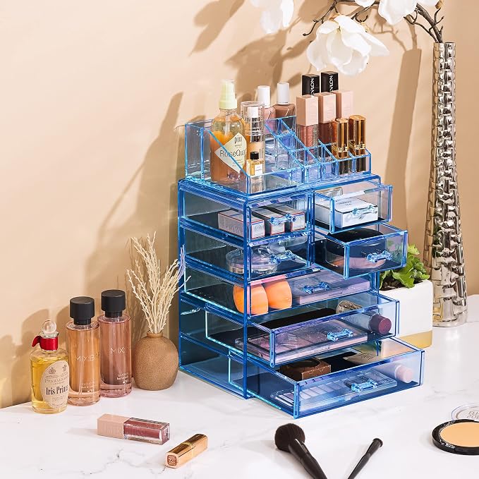 Sorbus Acrylic Makeup Organizer Set, 7-Drawer Vanity & Countertop Cosmetic Storage with Small & Wide Compartments, Blue Brilliance Makeup Storage for Brushes, Jewelry – Holiday Gift for Women & Teens - Image 5