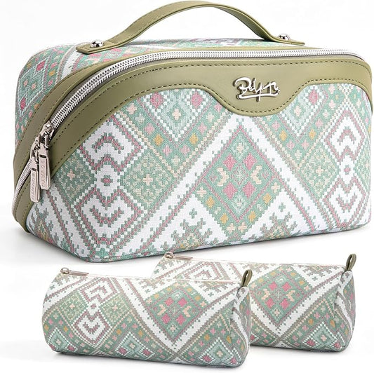 BOYATU Travel Makeup Bag Organizer: Boho Large Capacity Cosmetic Bag Sets | 3Pcs Waterproof Leather Toiletry Bags | 180°Open Flat Make up Case with Compartments | Western Travel Essentials for Women by BOYATU