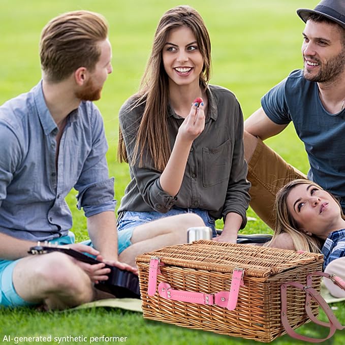 Picnic Basket Set for 4 with Waterproof Blanket Mat Insulation Bag Wicker Pink Floral Classic Fresh Gift for Christmas Thanksgiving Wedding Birthday Camp Outdoor Beach Travel - Image 7
