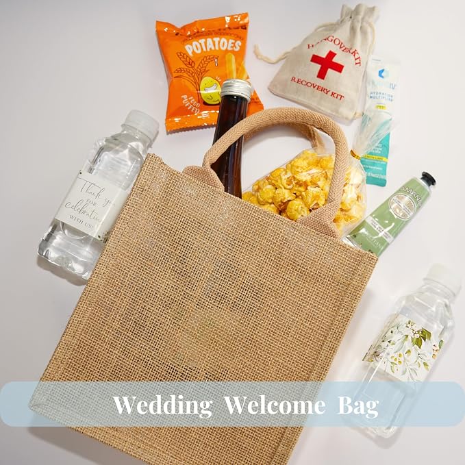 10 Pack Small Burlap Gift Bags with Blue Ribbons for Bachelorette, Bridesmaid, Wedding Welcome Reusable Jute Tote - Image 5