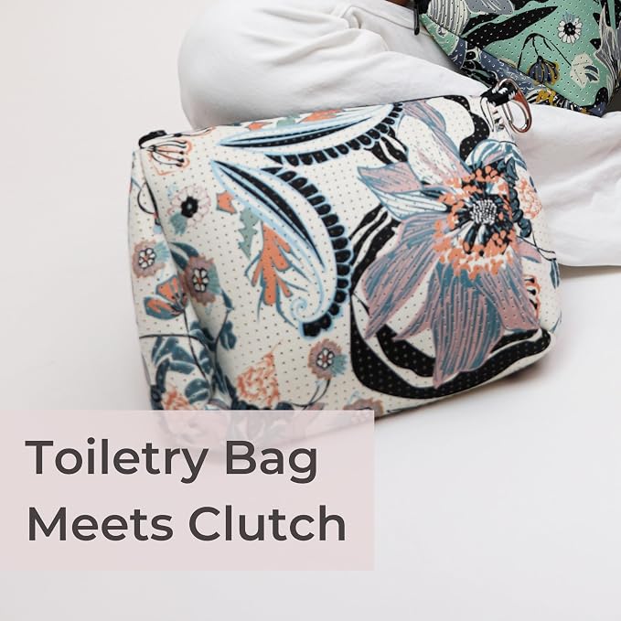 POPUPS Brand Large Makeup Bag with Zipper - Neoprene Machine Washable Travel Toiletry Cosmetic Organizer Pouch for Women (Print Blossom White) - Image 5