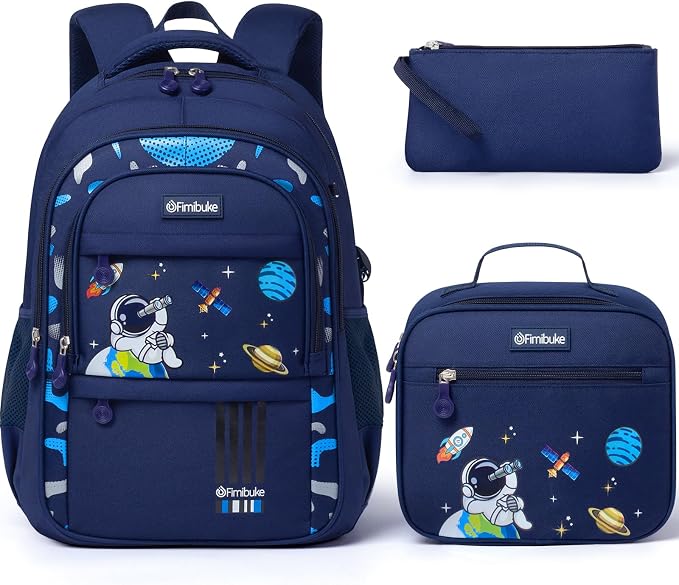 Fimibuke Kids Backpack for School Boys - 3 PCS Waterproof Teen Boy Backpack with Lunch Box & Pencil Pouch Set, School Bag Bookbag Daypack for Kindergarten Elementary Middle School, Age 5+(Space Blue) by Fimibuke