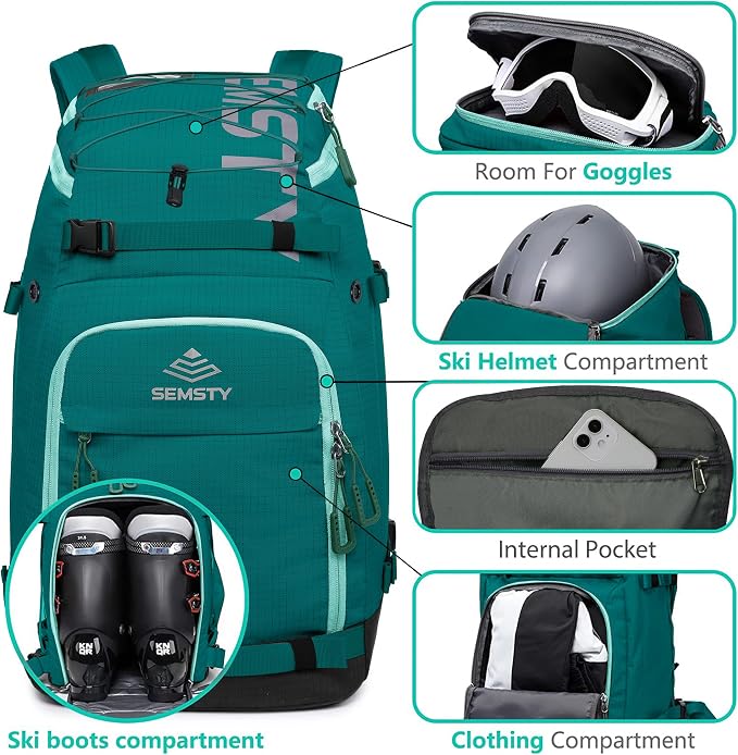 Ski Boot Bag, 55L/70L Waterproof Ski and Snowboard Boots Travel Backpack for Skis, Snowboard, Ski Helmet, Goggles, Gloves & Accessories - Image 3