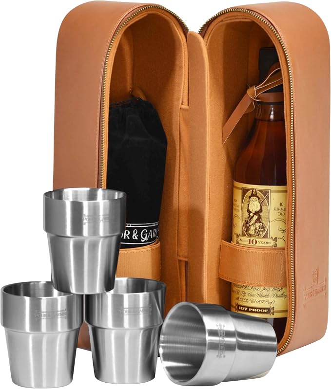 POUR & GARNISH Bourbon Whiskey & Wine Double Bottle Travel Bag with 4 Stainless Steel Double-Walled Vacuum Insulated Glasses - Makes a Great Gift! - Image 4