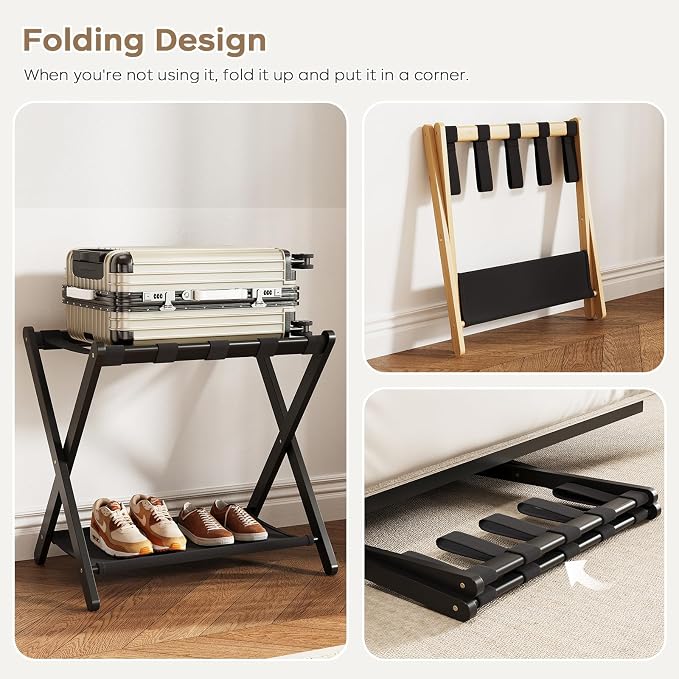 Fully Assembled Black Luggage Rack for Guest Room, Bamboo Folding Suitcase Stand with Fabric Storage Shelf, 5 Nylon Straps, Upgraded Luggage Rack Holder for Bedroom Hotel, Holds up to 165 Lbs, 1pcs - Image 4