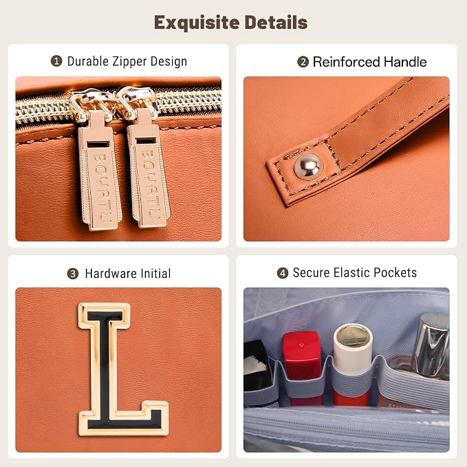 BOYATU Makeup Bag Gift for Women: 3-in-1 Travel Personalized Cosmetic Bag | Initial Make up Bag - Monogram A-Z - Vegan Leather Flat Open Toiletry Organizer - Ideal Gift Set for Birthday Graduation - Image 7