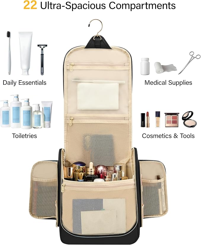 Hanke Hanging Travel Toiletry Bag for Men and Women, Water-Resistant Toiletries Bag Makeup Organizer with Hook, Cosmetic Bag for Bathroom & Travel Essentials Accessories, Black - Image 3