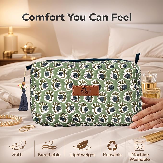 Ridhi Basil Green Hand Block Printed Floral Toiletry Bag For Women 100% Cotton Quilted Set of 3 Waterproof Inner Lining, Cosmetic Jewelry Organizer, Travel Pouch, Essential Storage Purse Gifts - Image 8