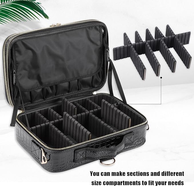 Travel Makeup Train Case,Large Capacity Cosmetic Bags for Women,Portable Makeup Bag Organizer with Adjustable Dividers & Shoulder Strap (Crocodile Pattern Black,Medium) - Image 3