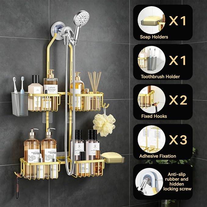 Adjustable Hanging Shower Caddy for Handheld Showerhead, Rustproof Aluminum Over Shower Head Organizer, Renter-Friendly No-Swing Storage for Tall Bottles & Soap, 2-Tier, Gold - Image 8